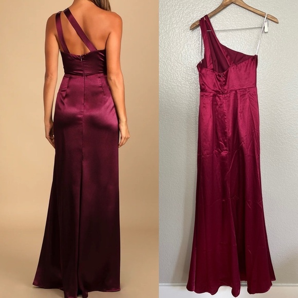 NWOT On the Guest List Burgundy Satin One-Shoulder Maxi Dress - Picture 3 of 9